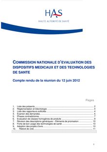 CNEDiMTS - Commission du 12 juin 2012 - Procès verbal CNEDiMTS 12 06 2012