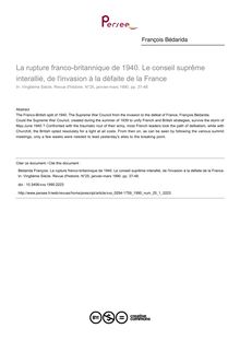 La rupture franco-britannique de 1940. Le conseil suprême interallié, de l invasion à la défaite de la France - article ; n°1 ; vol.25, pg 37-48