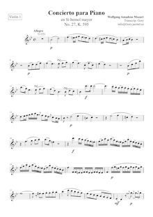 Partition violons 1, Piano Concerto No.27, B♭ major, Mozart, Wolfgang Amadeus