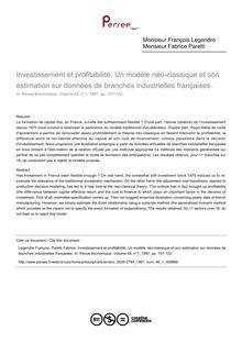 Investissement et profitabilité. Un modèle néo-classique et son estimation sur données de branches industrielles françaises.  - article ; n°1 ; vol.48, pg 107-122