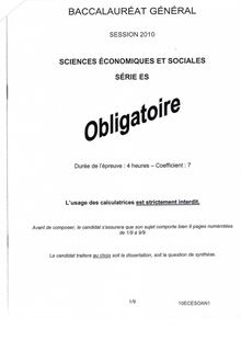 Sujet du bac ES 2010: Sciences Economiques Obligatoire
