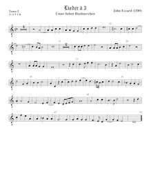 Partition ténor 2 viole de gambe, octave aigu clef, Unser lieben Huehnerchen pour violes de gambe par Johannes Eccard