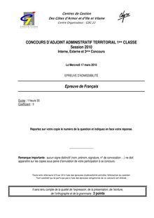 Français 2010 Concours externe interne 3ème voie Adjoint administratif territorial de 1ère classe