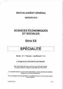 Sujet du bac serie ES 2012: Sciences économiques et sociales épreuve de spécialité-antilles-guyane