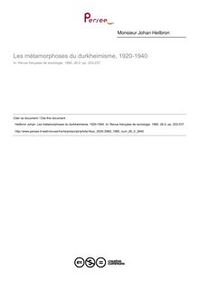 Les métamorphoses du durkheimisme, 1920-1940 - article ; n°2 ; vol.26, pg 203-237