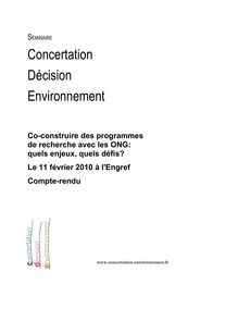 Programme "Concertation Décision Environnement", Séminaire "Co-construire des programmes de recherche avec les ONG: quels enjeux, quels défis?"