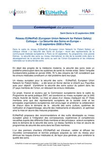 Réseau EUNetPaS (European Union Network for Patient Safety), Colloque « La Sécurité des Soins en Europe » - EUNetPaS - Communiqué de presse du 23 septembre 2008