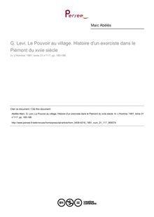 G. Levi, Le Pouvoir au village. Histoire d un exorciste dans le Piémont du xviie siècle  ; n°117 ; vol.31, pg 185-186