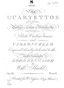 Partition violon 1, Six quartettos, five pour two violons, a ténor & violoncelle et one pour a flûte, violon, ténor, et violoncelle