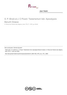S. P. Brock et J. C Picard. Testamentum Iobi. Apocalypsis Baruchi Graece  ; n°1 ; vol.178, pg 83-84