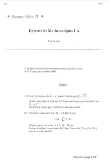 Mathématiques A 1999 Classe Prepa PT Banque Filière PT