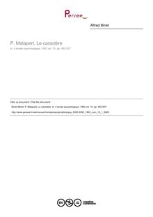 P. Malapert, Le caractère - compte-rendu ; n°1 ; vol.10, pg 492-507
