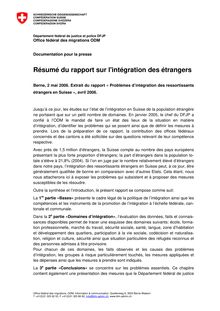 Intégration - Résumé du rapport sur l intégration des étrangers