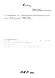 Les délibérations de la compagnie des marchands apothicaires - épiciers de Paris (suite) (1766-1766) - article ; n°68 ; vol.18, pg 97-108