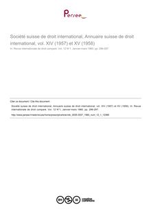 Société suisse de droit international, Annuaire suisse de droit international, vol. XIV (1957) et XV (1958) - note biblio ; n°1 ; vol.12, pg 296-297