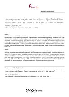 Les programmes intégrés méditerranéens : objectifs des PIM et perspectives pour l agriculture en Ardèche, Drôme et Provence-Alpes-Côte d Azur - article ; n°4 ; vol.61, pg 441-459
