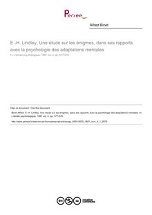 E.-H. Lindley, Une étude sur les énigmes, dans ses rapports avec la psychologie des adaptations mentales - compte-rendu ; n°1 ; vol.4, pg 577-578