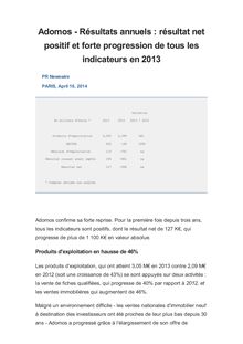 Adomos - Résultats annuels : résultat net positif et forte progression de tous les indicateurs en 2013