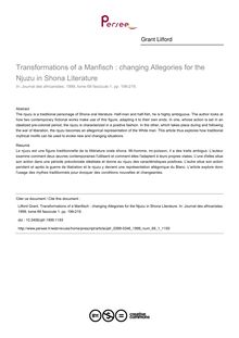 Transformations of a Manfisch : changing Allegories for the Njuzu in Shona Literature - article ; n°1 ; vol.69, pg 199-219