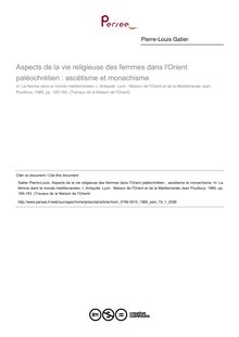 Aspects de la vie religieuse des femmes dans l Orient paléochrétien : ascétisme et monachisme - article ; n°1 ; vol.10, pg 165-183