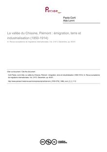La vallée du Chisone, Piémont : émigration, terre et industrialisation (1850-1914) - article ; n°3 ; vol.2, pg 65-81