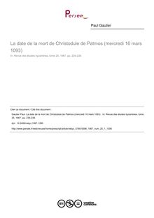 La date de la mort de Christodule de Patmos (mercredi 16 mars 1093)  - article ; n°1 ; vol.25, pg 235-238