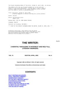 The Writer, Volume VI, April 1892. - A Monthly Magazine to Interest and Help All Literary Workers
