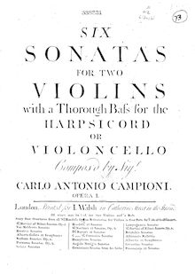 Partition Continuo, 6 Trio sonates, Six sonatas for two violins, with a thorough bass for the harpsichord or violoncello