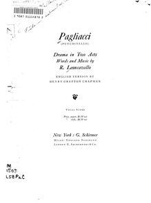 Partition complète, Pagliacci, Dramma in due atti, Leoncavallo, Ruggiero