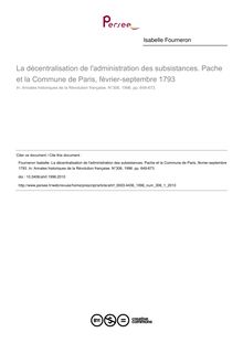 La décentralisation de l administration des subsistances. Pache et la Commune de Paris, février-septembre 1793 - article ; n°1 ; vol.306, pg 649-673