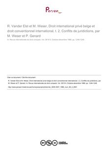 R. Vander Elst et M. Weser, Droit international privé belge et droit conventionnel international, t. 2, Conflits de juridictions, par M. Weser et P. Genard - note biblio ; n°4 ; vol.38, pg 1246-1248