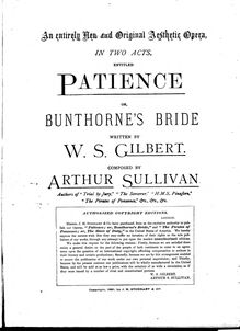 Partition complète, Patience, ou Bunthorne s Bride, Comic Aesthetic Opera in Two Acts par Arthur Sullivan