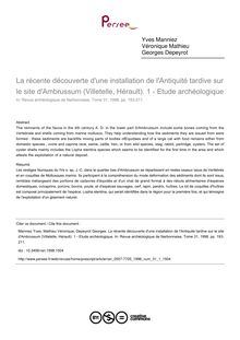 La récente découverte d une installation de l Antiquité tardive sur le site d Ambrussum (Villetelle, Hérault). 1 - Etude archéologique - article ; n°1 ; vol.31, pg 193-211