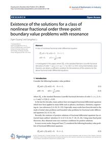 Existence of the solutions for a class of nonlinear fractional order three-point boundary value problems with resonance