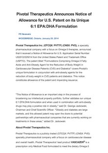 Pivotal Therapeutics Announces Notice of Allowance for U.S. Patent on its Unique 6:1 EPA:DHA Formulation