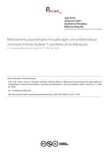 Médicaments psychotropes et sujets âgés une problématique commune France-Québec ? (synthèse de la littérature) - article ; n°1 ; vol.20, pg 35-62