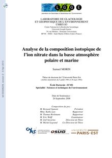 Analyse de la composition isotopique de l ion nitrate dans la basse atmosphère polaire et marine, Isotopic composition of atmospheric nitrate in the marine and polar boundary layer