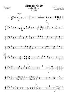 Partition trompette 1/2 (en B♭), Symphony No.20, D major, Mozart, Wolfgang Amadeus