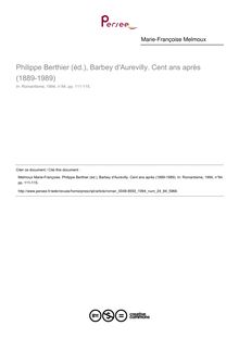 Philippe Berthier (éd.), Barbey d Aurevilly. Cent ans après (1889-1989)  ; n°84 ; vol.24, pg 111-115
