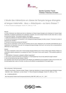 L étude des intéractions en classe de français langue étrangère et langue maternelle : deux « didactiques » au banc d essai ? - article ; n°1 ; vol.141, pg 17-25