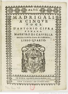 Partition Alto, Madrigali a cinque voci d Antonio Cifra Romano Maestro della santa casa di Loreto, Libro Quarto