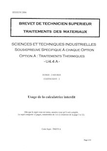 Sciences techniques industrielles 2004 Traitements thermiques BTS Traitement des matériaux