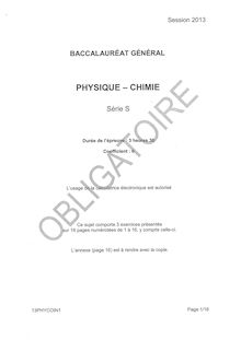 Sujet du Bac S 2013: physique-chimie obligatoire (Pondichéry)