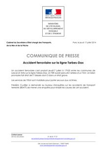 Accident ferroviaire sur la ligne Tarbes-Dax - Communiqué du Ministère