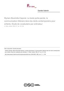 Myriam Boutrolle-Caporal, Le texte porte-parole, la communication littéraire dans les récits contemporains pour enfants. Etude de vocabulaire par ordinateur  ; n°1 ; vol.7, pg 161-162