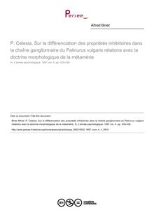 P. Celesia, Sur la différenciation des propriétés inhibitoires dans la chaîne ganglionnaire du Palinurus vulgaris relations avec la doctrine morphologique de la métamérie - compte-rendu ; n°1 ; vol.4, pg 435-436