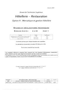 Etudes et réalisations techniques 2005 Mercatique et gestion hôtelière BTS Hôtellerie restauration