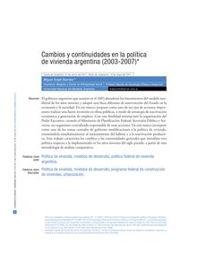 Cambios y continuidades en la política de vivienda argentina (2003-2007) -/-Changes and Continuity Housing Policies in Argentina (2003-2007) -/- Mudanças e continuidades na política de moradia argentina (2003-2007)