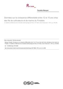 Données sur la croissance différentielle entre 12 et 15 ans chez des fils de cultivateurs et de marins du Finistère - article ; n°3 ; vol.9, pg 235-258