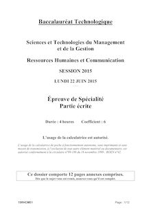 Bac techno 2015 : Sciences et Technologies du Management  et de la Gestion : Ressources Humaines et Communication 